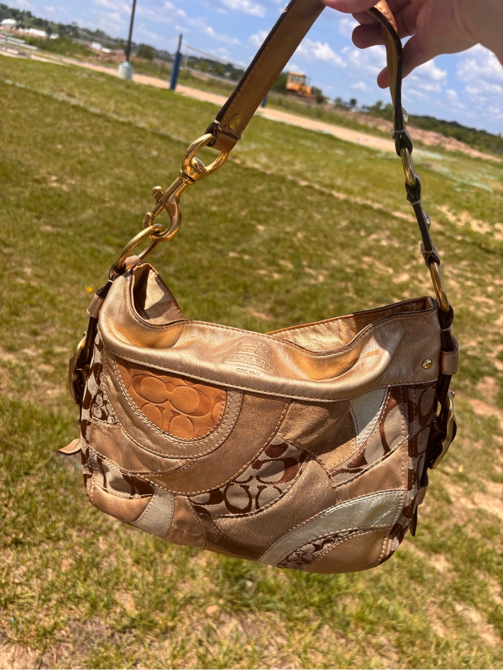 Coach Patchwork Signature and Leather Hobo Shoulder Bag in Tan, gold, and Brown